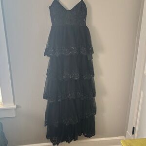 Lulu's Black Lace Tiered Prom Dress